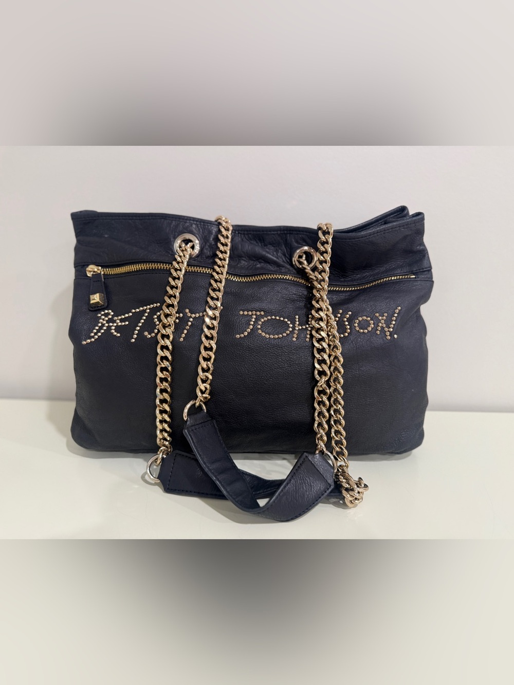Vintage Betsey Johnson Leather Studded  Logo Tote Black Bag Slouchy ChainY2K